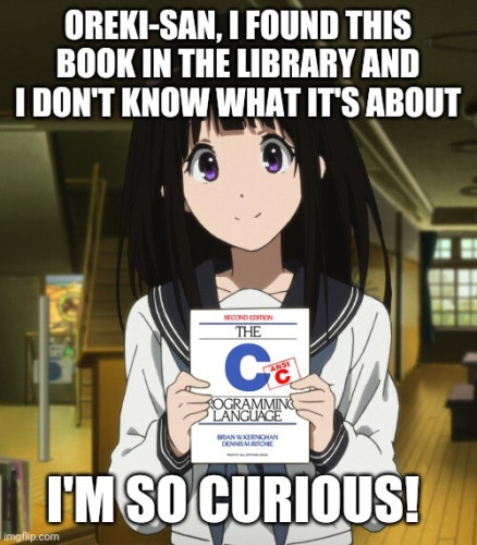 A meme about finding "The C Programming Language Book by Brian Kernighan and Dennis Ritchie". Top caption: "I found this book in the library and I don't know what it's about" (holding book named "SECOND EDITION. THE C ANSI PROGRAMMING LANGUAGE. By BRIAN W KERNIGHAN DENNIS M. RITCHIE"). Bottom caption: "I'm so curious!"