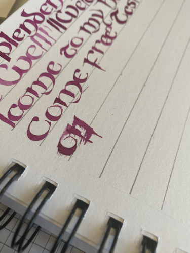 A snippet of calligraphy in purple-ish ink. There are smudges where a cat has pawed at the paper while the ink was still wet. 