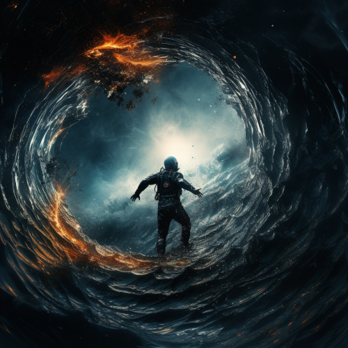 A figure in a spacesuit stands at the center of a tunnel of seawater and fire.