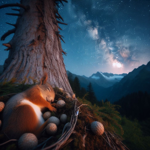 A squirrel sleeping in a nest near a tree, surrounded by nuts and a sky full of stars.