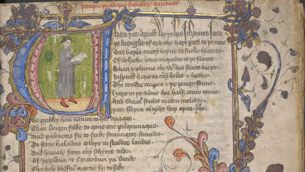 Top of the opening page of Lansdowne MS 451, f2r. Chaucer is shown with a beard, moustache & pudding-basin haircut, standing in a long grey robe, with bright red leggings & rather minimalist strapped shoes. He is holding an open book, and appears poised to tell his story. The two halves of the letter "W", in red & blue, have been overlapped to leave a suitable stage for Chaucer in the centre of the initial. The text is the start of the General Prologue. Inexpert transcription, based on a more expert one but with the spelling from this manuscript where clear:

Whan that Aprill with his shoures soote,
the drought of Marche hath perced to the roote,
and bathed every veyne in suche lycoure,
of whiche virtue engender is the floure;
Whan Zephirus eke with his swete brethe 
inspired hathe in every holte & hethe 
the tendre croppes & the yonge sonne 
hath in the rame his half cours rune,
and smal foules maken melodye,
that slepen alnyght with open eye, 
So priketh hem Nature in her corages. 
Than longen folke to gone one pilgrimages, 
and palmeres for to seeke straunge strondes, 
To ferne halowes, kowthe in sondre londes; 
and specially from every shyres ende
of Engelond to Canterbury they wend,
the holy blisful martir for to seke
