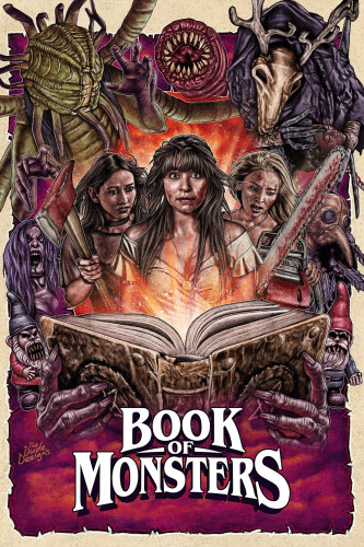 The poster for "Book of Monsters". It's a color illustration of the three heroes with several monsters surrounding them. Beneath them is a pair of monstrous hands holding open a freaky looking book
