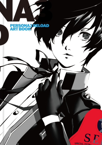 The english book cover of the Persona 3 Reload Art Book. It has a black and white inked drawing of Makoto Yuki in his usual school uniform of Gekkoukan High, accented with a loose black bow tie. His S.E.E.S. pauldron is drawn in bright red. 