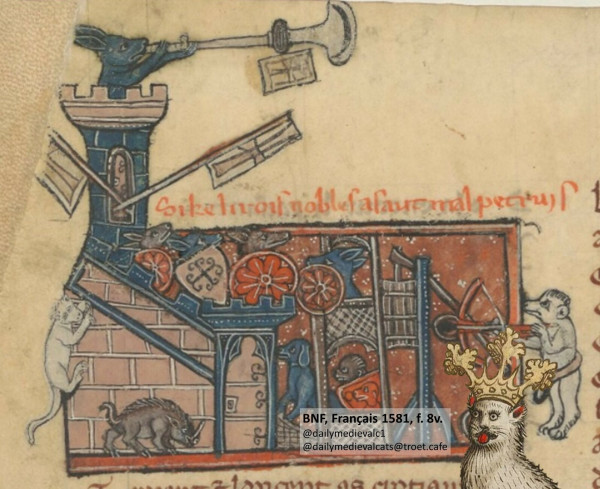 Picture from a medieval manuscript: A cat climbing up the wall behind the backs of the defenders of a city under siege