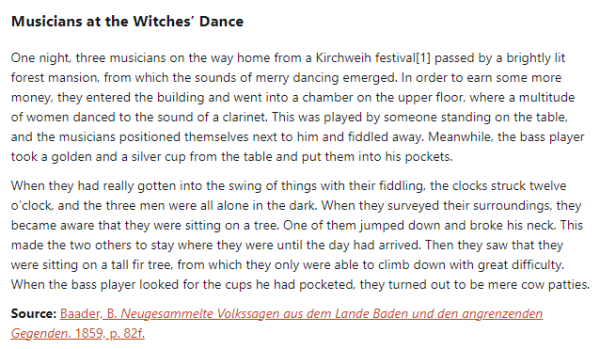 German folk tale "Musicians at the Witches’ Dance". Drop me a line if you want a machine-readable transcript!