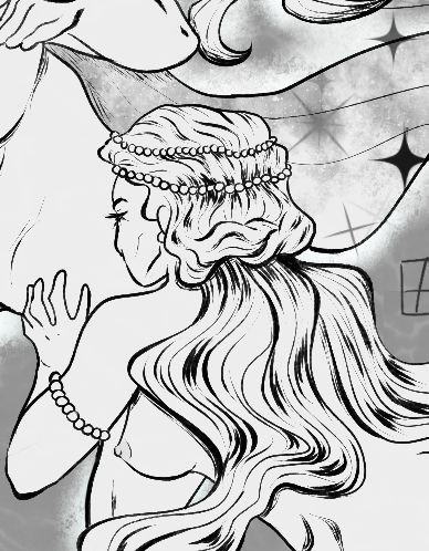 Crop of the illustration commissioned for my story showing Amphitrite kissing the thigh of Selene, her hair adorned with pearls and Selene's starry cloak behind her.