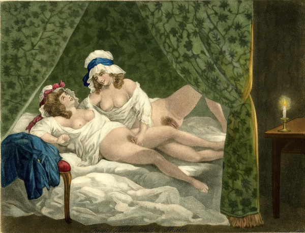 Two young, white women – Fanny and Phoebe – being intimate in a four-poster bed with curtains decorated in flowers. Phoebe is propped on an elbow with one leg raised, leaning over to fondle Fanny’s fanny (aka, her vulva). Both have their breasts and unshaven vulvas exposed. Fanny appears to be in raptures. This is an illustration from the old English erotic novel Fanny Hill and this scene takes place in the first part, when Fanny is still quite new to sexual pleasures. Phoebe is one of her many instructors in the arts.