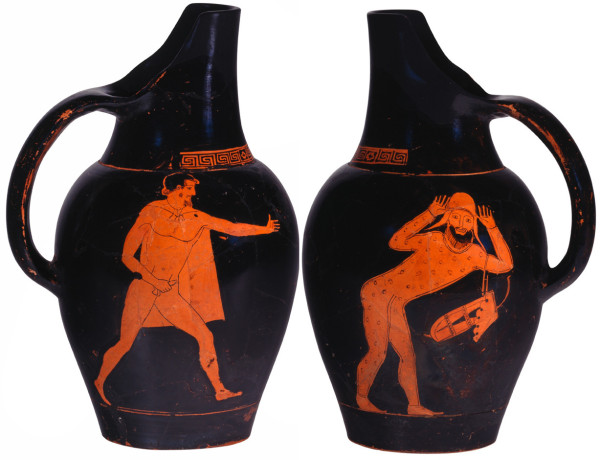 Red-figure vase painting of a Greek man, naked but for a cloak around his shoulders, running with his erect phallus in hand. On the other side of the vase, a Persian soldier is depicted fully clothed, raising his hands as if in defeat.