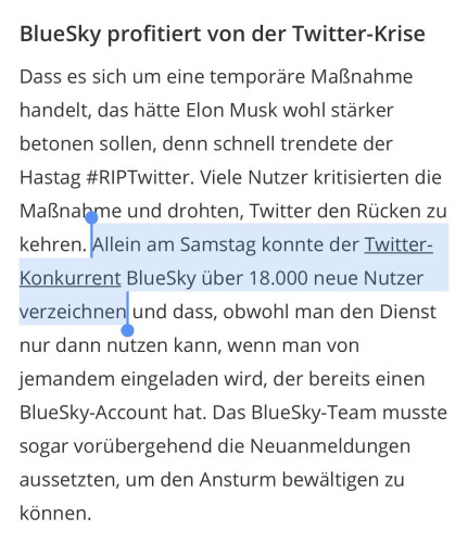 Ausschnitt eines BR Artikels, in dem steht, dass BlueSky mit 18k neuen Benutzern am Samstag von dem Debakel bei Twitter profitieren würde