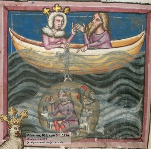 Picture from a medieval manuscript: Alexander the Great, a dog, a cock and a cat in the diving bubble