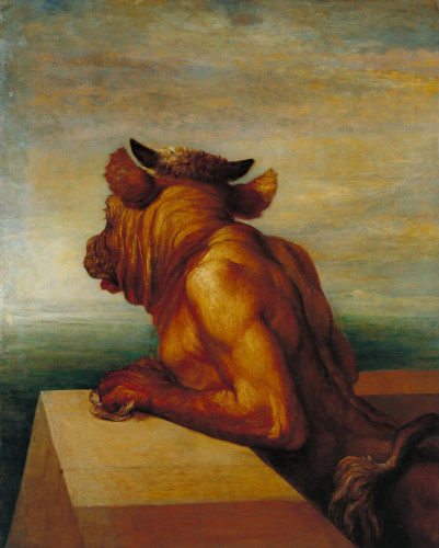 Painting of a part man, part bull with his front hooves/arms on the ledge of the labyrinth. The figure looks away from the viewer, leaving us with a shared sense of the Minotaur’s longing for freedom.