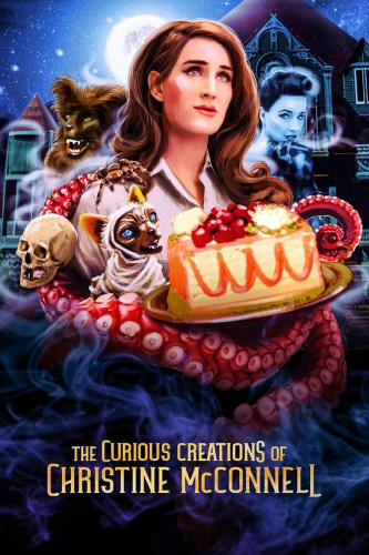 The thumbnail for "The Curious Creations of Christine McConnell". It's an illustration of her holding a cake. Over her shoulders are a ghost and a werewolf. Below her are a mummy cat and a tangle of tentacles. In the background are a full moon and her old Victorian house