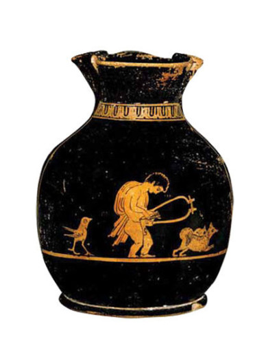 A red-figure chous from the British Museum showing a young boy holding a lyre, accompanied by his two pets: a Maltese dog and a bird that may represent a jackdaw or a song bird.