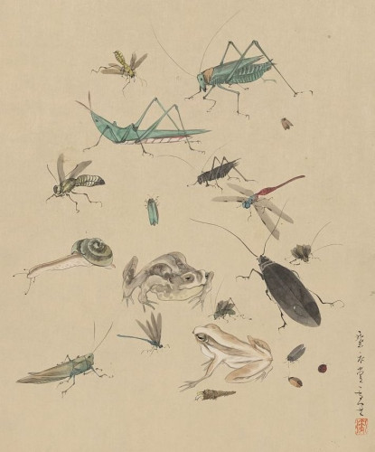 Japanese print depicting a collection of insects.
