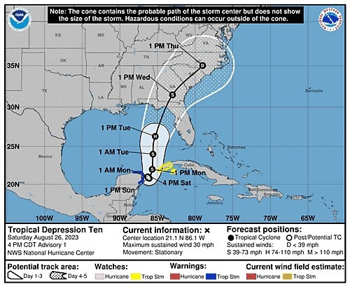 Forcast advisory for tropical depression ten. 

345 WTNT35 KNHC 262047 TCPATS 

BULLETIN 

Tropical Depression Ten Advisory Number 1 

NWS National Hurricane Center Miami FL ~~ AL102023 400 PM CDT Sat Aug 26 2023 

...TROPICAL DEPRESSION FORMS NEAR THE YUCATAN CHANNEL... 

SUMMARY OF 400 PM CDT...2100 UTC...INFORMATION LOCATION...21.1N 86.1W 

ABOUT 65 ML...105 KM NE OF COZUMEL MEXICO MAXIMUM SUSTAINED WINDS...30 MPH...45 KM/H PRESENT MOVEMENT...STATIONARY 

MINIMUM CENTRAL PRESSURE...1006 MB...29.71 INCHES 

WATCHES AND WARNINGS 

The government of Mexico has issued a Tropical Storm Warning for 

the Yucatan Peninsula of Mexico from Tulum to Rio Lagartos, including Cozumel. 

The government of Cuba has issued a Tropical Storm Watch for extreme western Cuba for the provinces of Pinar Del Rio and the 

Isle of Youth. 

SUMMARY OF WATCHES AND WARNINGS IN EFFECT: 

A Tropical Storm Warning is in effect for... * Yucatan Peninsula from Tulum to Rio Lagartos, including Cozumel 

A Tropical Storm Watch is in effect for... * Pinar del Rio and the Isle of Youth 

A Tropical Storm Warning means that tropical storm conditions are expected somewhere within the warning area within 36 hours. 

A Tropical Storm Watch means that tropical storm conditions are possible within the watch area, generally within 48 hours. 

For storm information specific to your area, please monitor products issued by your national meteorological service.