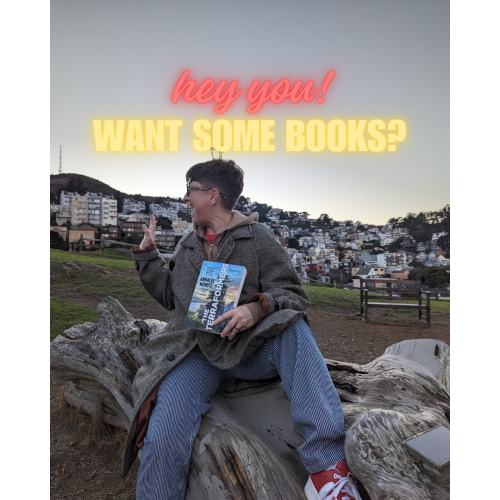 A picture of me sitting on a tree stump, clutching a copy of my novel The Terraformers. I'm yelling and waving. Above my head, glowing letters read: "Hey you! Want some books?"