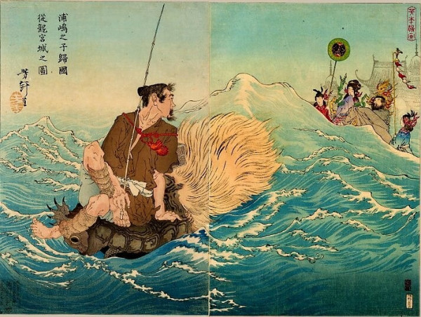 Japanese ukiyo-e print depicting Urashima riding across the waves on the back of a tortoise, when he looks back he can see the dragon king's palace receding into the distance.
