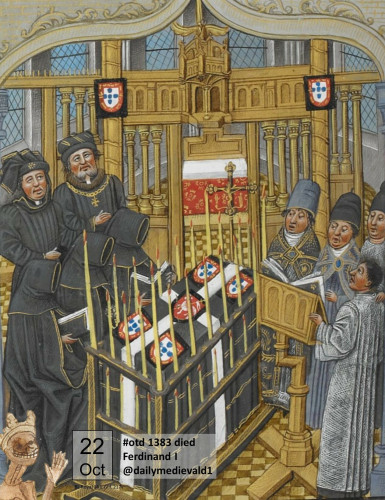 The picture shows the coffin wrapped with a black cloth, in a church, surrounded by a group of clerics.