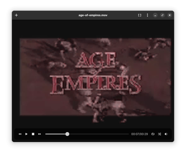 A screenshot of an extremely low-res video called age-of-empires.mov playing in Celluloid