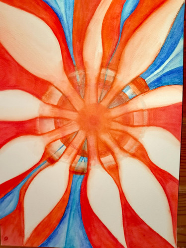 a watercolor painting of a wheel, similar to the symbol of the eigthfold path(buddhism)in white, red and blue, branching out, a bit wild.
