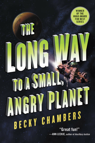 Cover art depicts a non-sleek spaceship on its way to a planet. A dome on top of the ship has trees and other growing things; the front is dominated by a large light that shines on the title. Blurb from Ann Leckie, author of “Ancillary Justice”: “Great fun!” This book was winner of the Hugo award for best series.