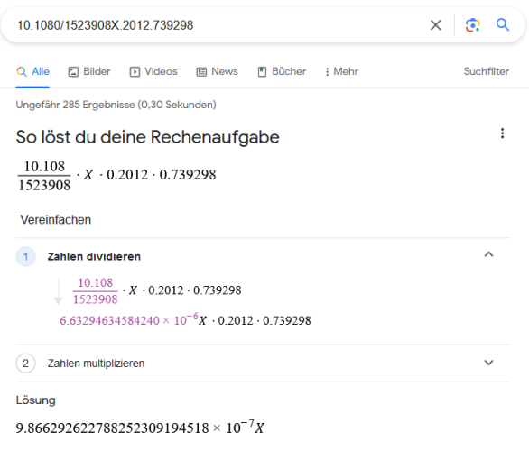 Screenshot showing the google search of a DOI and the google result, which states: This is how you solve your calculation, followed by the mathematical steps to "solve" the DOI number. The solution is 9.866292622788252309194518x10-7X.