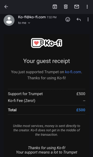 A ko-fi donation receipt of £500 to trumpet (the owner of mas.to)