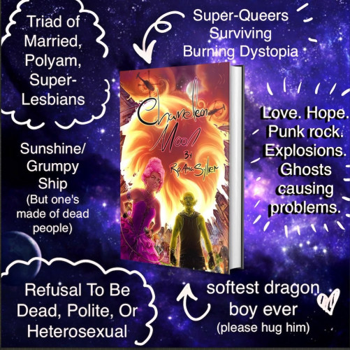 A meme of the book Chameleon Moon with cartoony descriptions surrounding it: 

Super-Queers Surviving burning Dystopia
Triad of Married, Polyam Super-Lesbians
Sunshine/Grumpy Ship (but one's made of dead people)
Refusal to be Dead, Polite, or Heterosexual
Love. Hope. Punk rock. Explosions. Ghosts causing problems
Softest lizard/dragon boy ever (please hug him)