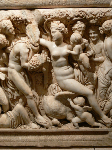 Aphrodite is seated upon a goose, a winged baby Eros to her feet, hiding beneath the wing of the goose. Around her is the retinue of Dionysos, one figure holding a large cluster of grapes is embraced by her, probably Dionysos, though sadly his head is missing.
