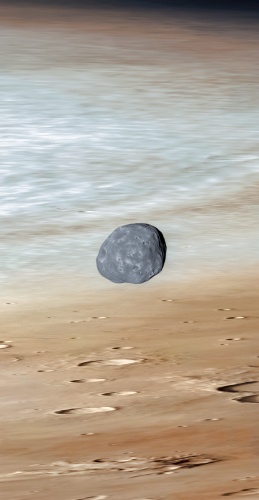 A very greyish and little Phobos with a potato shape orbiting over the rusty red planet, some craters are also visible on both Mars and Phobos.