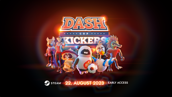 Dash Cup Kickers Logo with several In-game-characters/players standing in front of it. A panda prominent in the center with a soccer ball