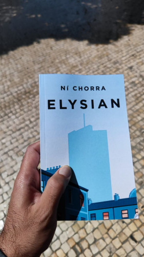 Image of a large manly hand holding the novel Elysian against a backdrop of cobblestones.