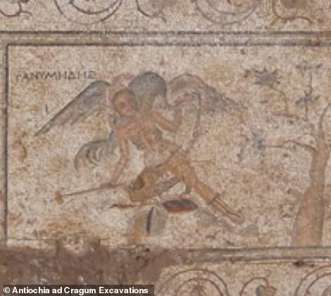 Roman mosaic of Ganymedes holding a stick with a sponge while Zeus disguised as a heron instead of an eagle uses his long beak to clean his lover's penis with a sponge. Ganymedes is explicitly identified by name via Greek letters in the top left corner of the mosaic.