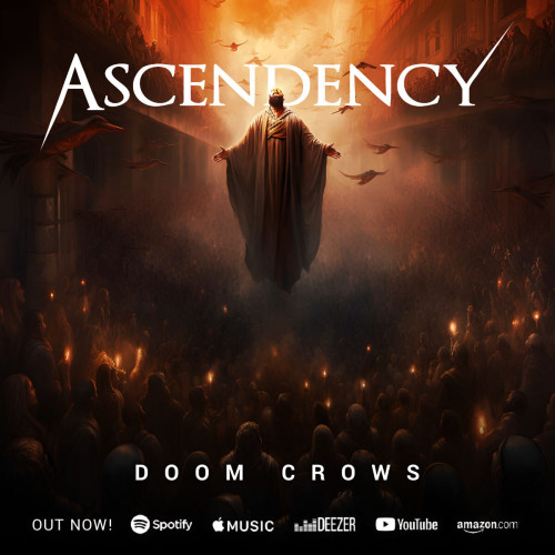 The cover image of Ascendency's track "Doom Crows". It shows a floating holy figure against an orange sky, surrounded by crows. On the ground, there is a crowd of people with torches.