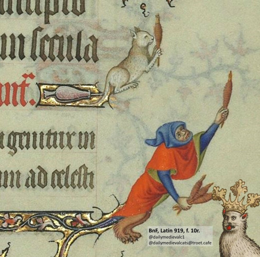 Picture from a medieval manuscript: A cat and a creature, half human and half animal, do somewhat the same thing.