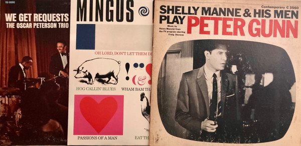 Three album covers - We Get Requests by The Oscar Peterson Trio; Oh Yeah by Charles Mingus; Shelley Manne and his Men Play Peter Gunn