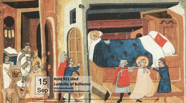 Image from a medieval manuscript showing Ludmilla being killed by two people with her veil