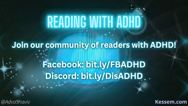 A glowing blue book with glitters on a black background with several stars. Text:  Reading with ADHD - Join our community of readers with ADHD on Facebook and Discord.