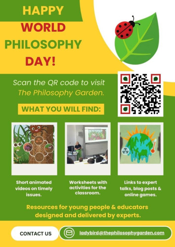 Flyer with details about the Philosophy Garden, with our logo, a cure ladybird on a green leaf.