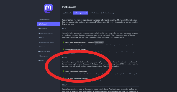 Screenshot of Mastodon profile settings page showing the profile's privacy tab and the option highlighted which allows posts to be searched by full text search.