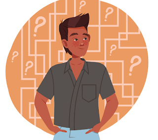 Young man surrounded by question marks
