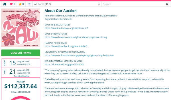 Screenshot from the main auction page, showing the total raised so far and the number of items up for auction, as well as the list of local Maui organizations benefiting directly from the auction.