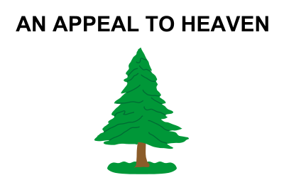A white flag with a centered pine tree and the text AN APPEAL TO HEAVEN. It has been adopted by Christian nationalist fascists. 