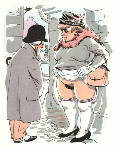 A drawing of a street scene. A larger, white woman in heavy makeup and a fancy hat and fluffy neck-scarf stands against a grey stone wall on cobblestones. She holds up her skirts to reveal her unshaven vulva and high white socks. A short, elderly man stands in front of her, looking down at her vulva. His back is towards us and his hand is reaching around to his crotch, suggesting that he may be masturbating. Through the gap between them we can see a marching soldier in the distance, though they would be partially hidden from his view by the wall. It is drawn in a ways to suggest that she is a prostitute and him a client. 