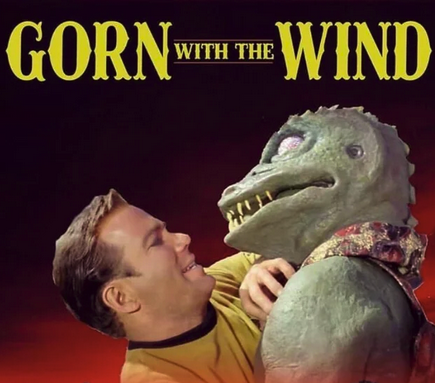 Screen grab of Kirk and the Gorn struggling, with superimposed title text "GORN with the WIND"