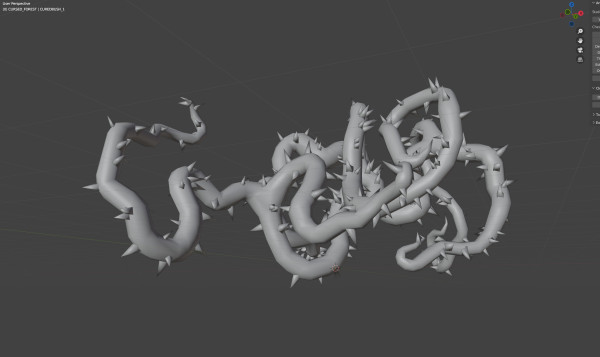 A 3D render of thorny bramble. It's twisting in every possible direction with very large obvious thorns.