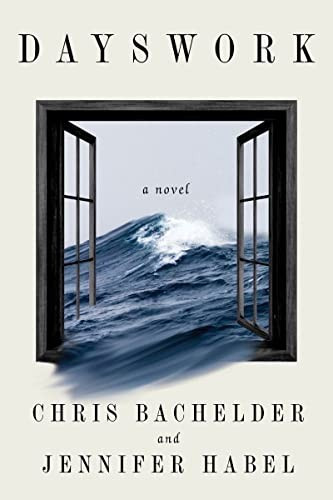 Image of an open window, which not only looks out to the sea, but is also invaded by it, with waves precariously seen just barely out of reach, as the ocean pours over the window frame. 