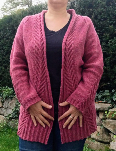 A woman wearing a handknit cardigan - head cut off. The cardigan is made from heather colored yarn that is also slightly heathered (flecks of other colors in there). An wide cable is running along the fronts of the cardigan.

The woman is standing in front of a low wall of fieldstones with a hedge on top of the stones.