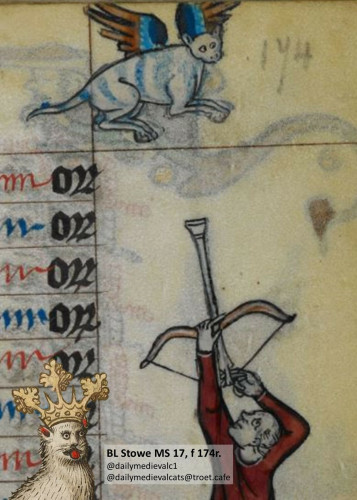 Picture from a medieval manuscript: A cat with colorful wings and a man traying to shoot it with a bow