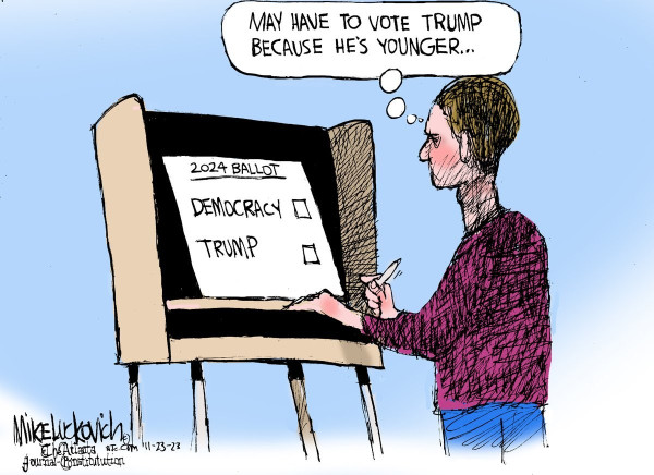 A person voting is shown at a voting booth and looking at ballot with the choice "democracy" or "trump". Thought bubble says "May have to vote trump because he's younger..."